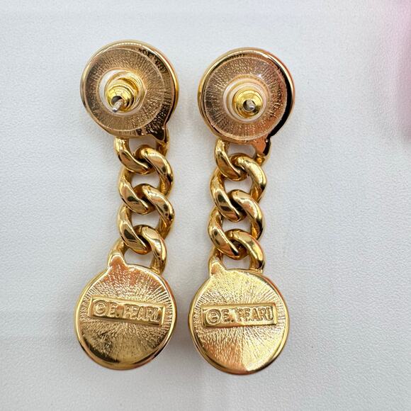 Erwin Pearl Faux Pearl Cabochon Curb Chain Drop Earrings Gold Tone Chic Signed - Picture 8 of 12